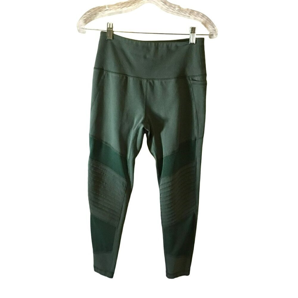 Reebok Leggings Athletic 7/8 Length Mesh Inserts Pleats Sz Small Green Exercise